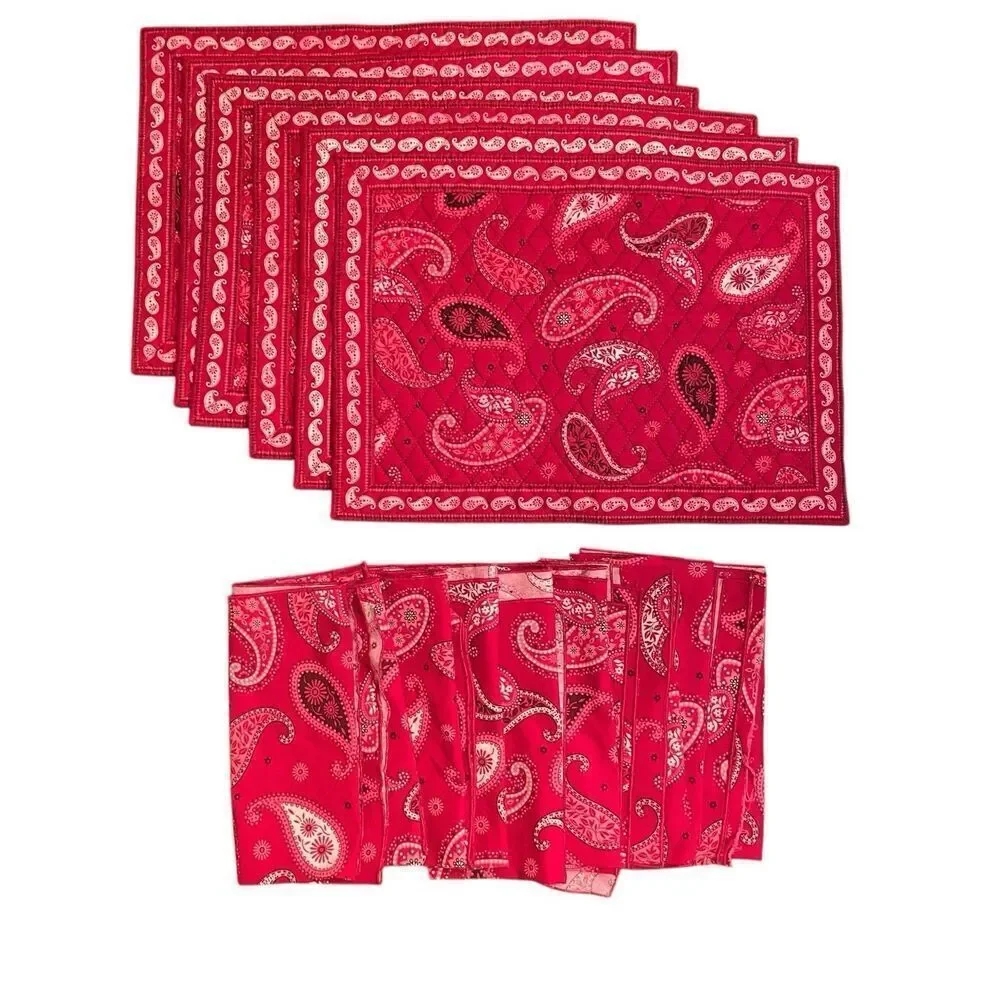 Vera Bradley Mesa Red Set 6 Quilted Placemats and 9 Napkins Paisley Print